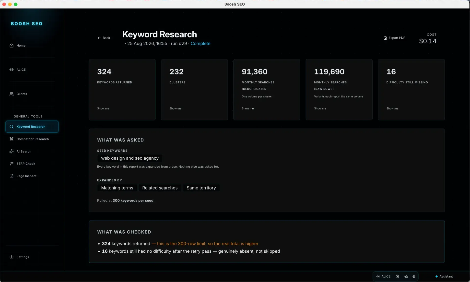 The BooshSEO keywords screen showing tracked terms and positions
