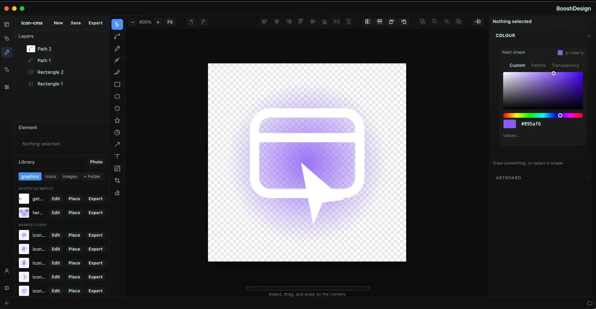 The BooshDESIGN vector editor drawing an icon on a transparent artboard, with the shape layers listed on the left and a colour picker on the right