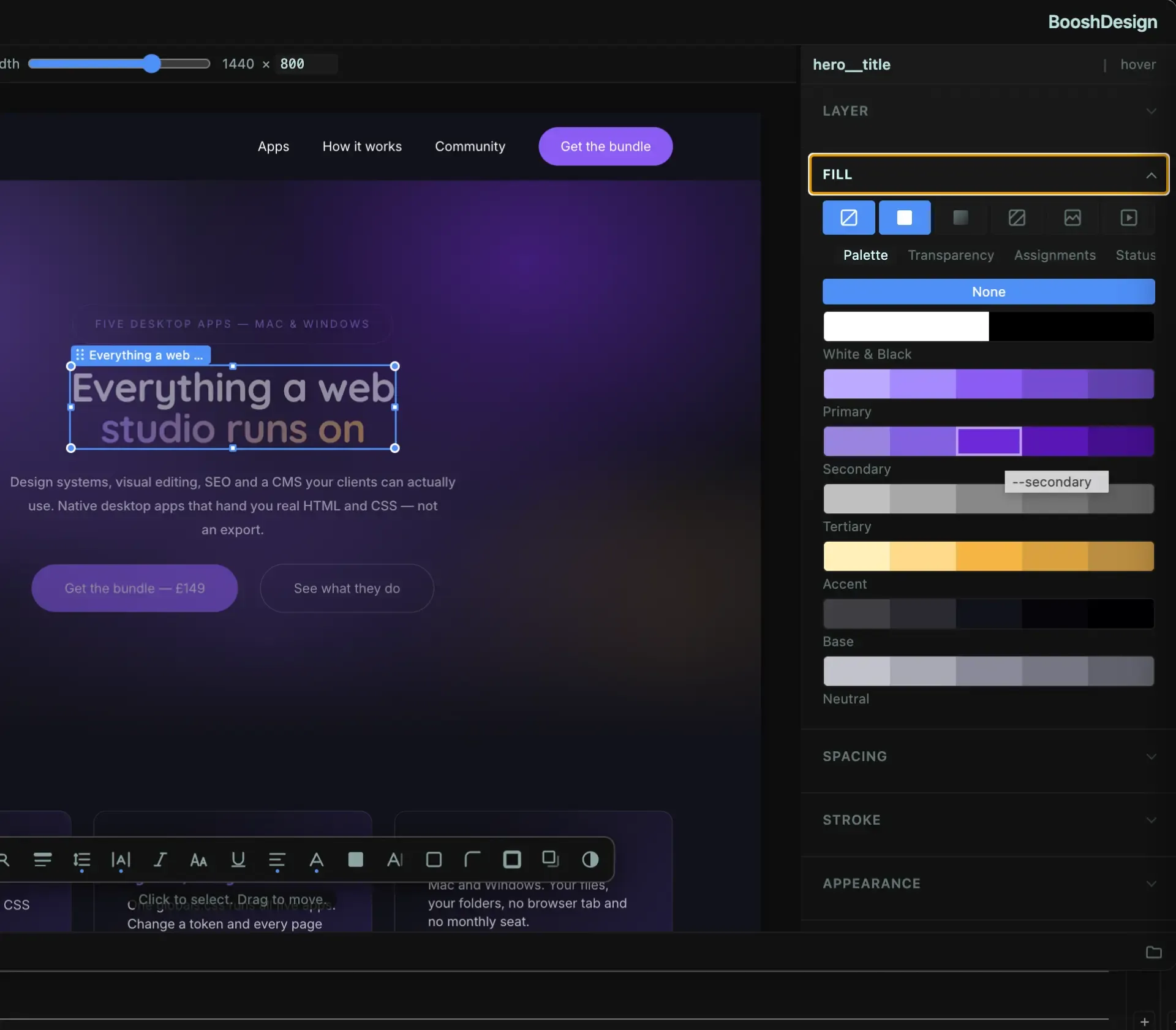 The BooshDESIGN fill panel offering palette swatches drawn from the project's design tokens